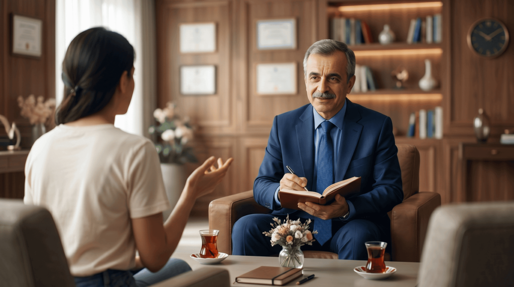 Sosyolog ve Aile Danışmanı Mahsum Öz, ofisinde danışmanlık veriyor.