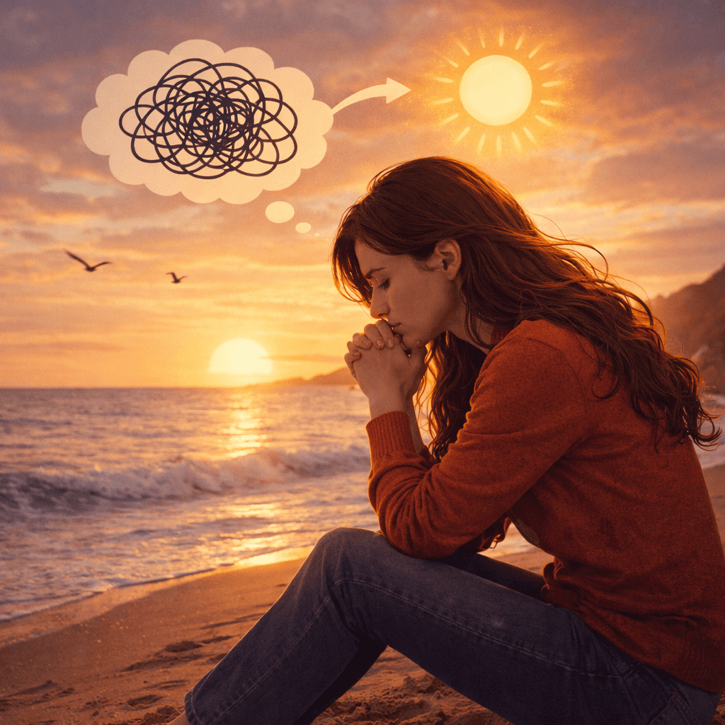 Duygusal yoğunluk yaşayan ve düşüncelere dalmış kadın birey