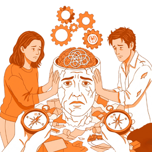 Zihinsel karmaşa ve kararsızlık yaşayan bir bireyin, profesyonel destek ve empati ile kendi yolunu bulma sürecini temsil eden turuncu-beyaz vektörel illüstrasyon.